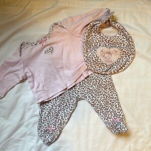 Little Me 3 month bib, pants and shirt set. Pink and leopard print